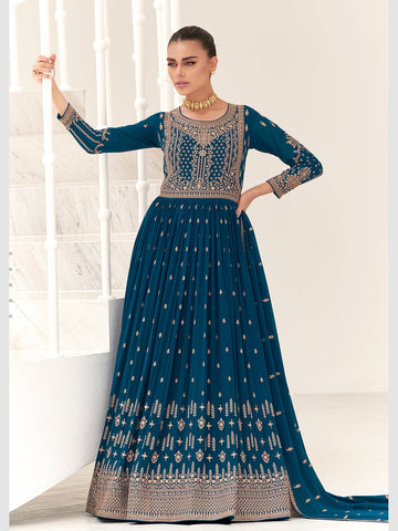 Indian Embroidery Georgette Red Gown for Women with Printed Blue Dupatta,  Item Code-549184885 - Walmart.com